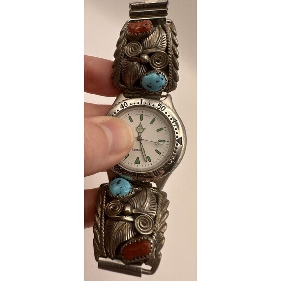 Vintage Mens Watch with Navajo Made Sterling Silver Turquoise Coral Watch Tips - Picture 1 of 11